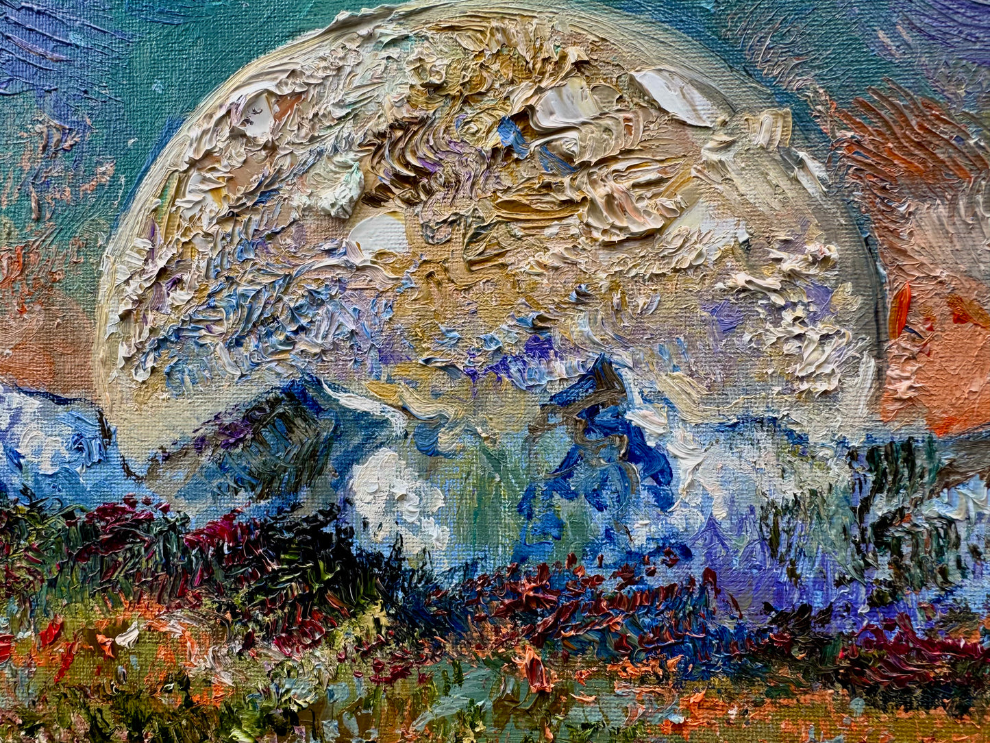 Original Oil Painting 16x20" – Windflower Field Landscape – Mountain Forest and Big Moon – Floral Nature Wall Art on Canvas