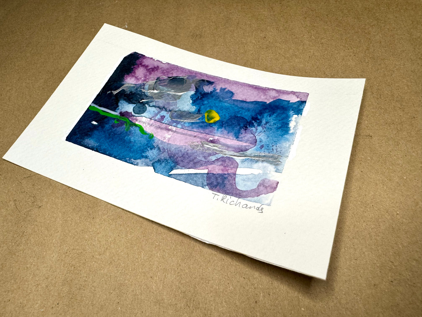 Blue Hour Abstract Painting Original Art Night Landscape, Acrylic on Paper 4x6”