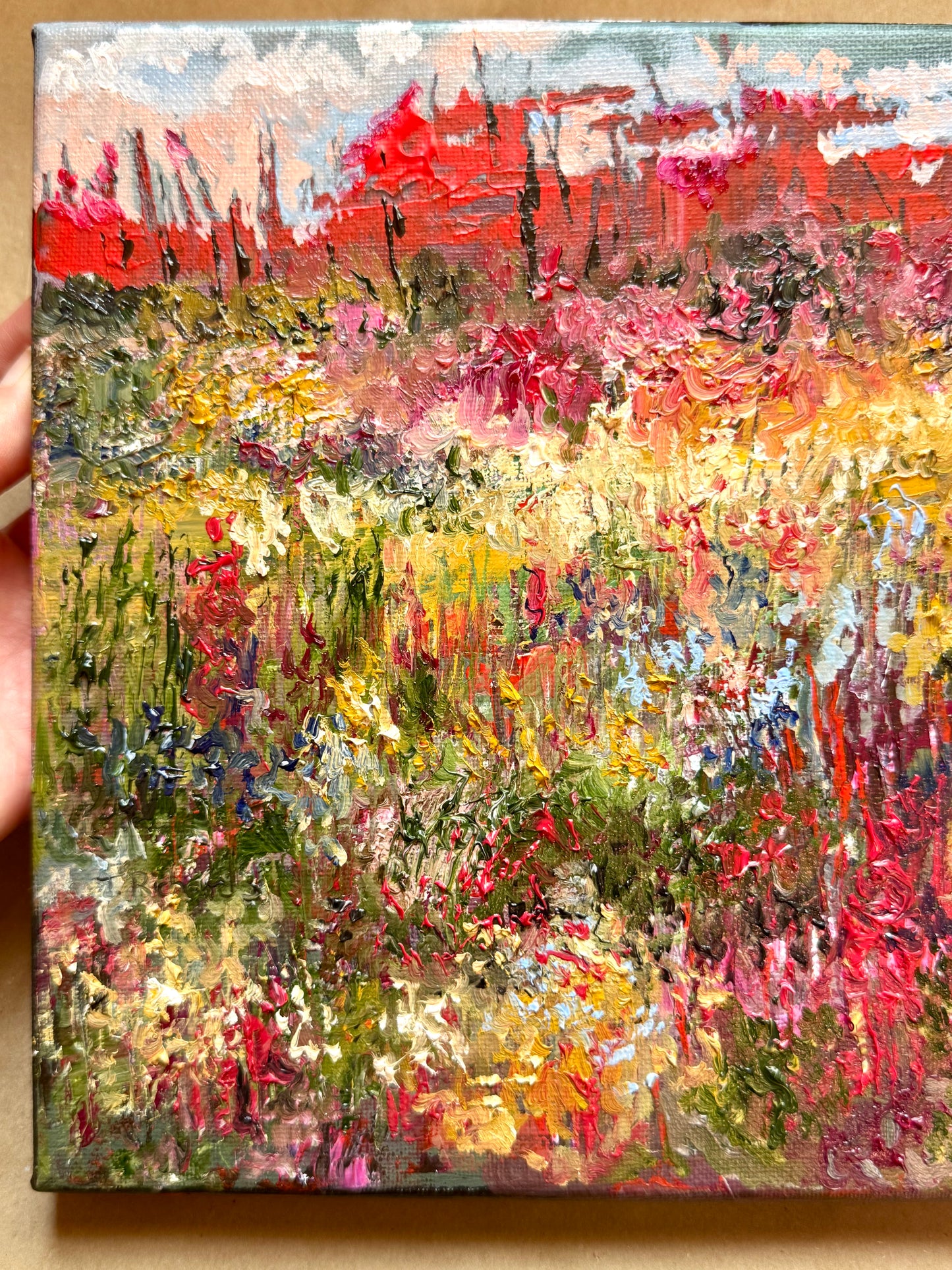 Fall in Maine Oil Painting 9x12", New England Landscape, Red Trees Forest and Wildflower Field, Stretched Canvas Wall Art