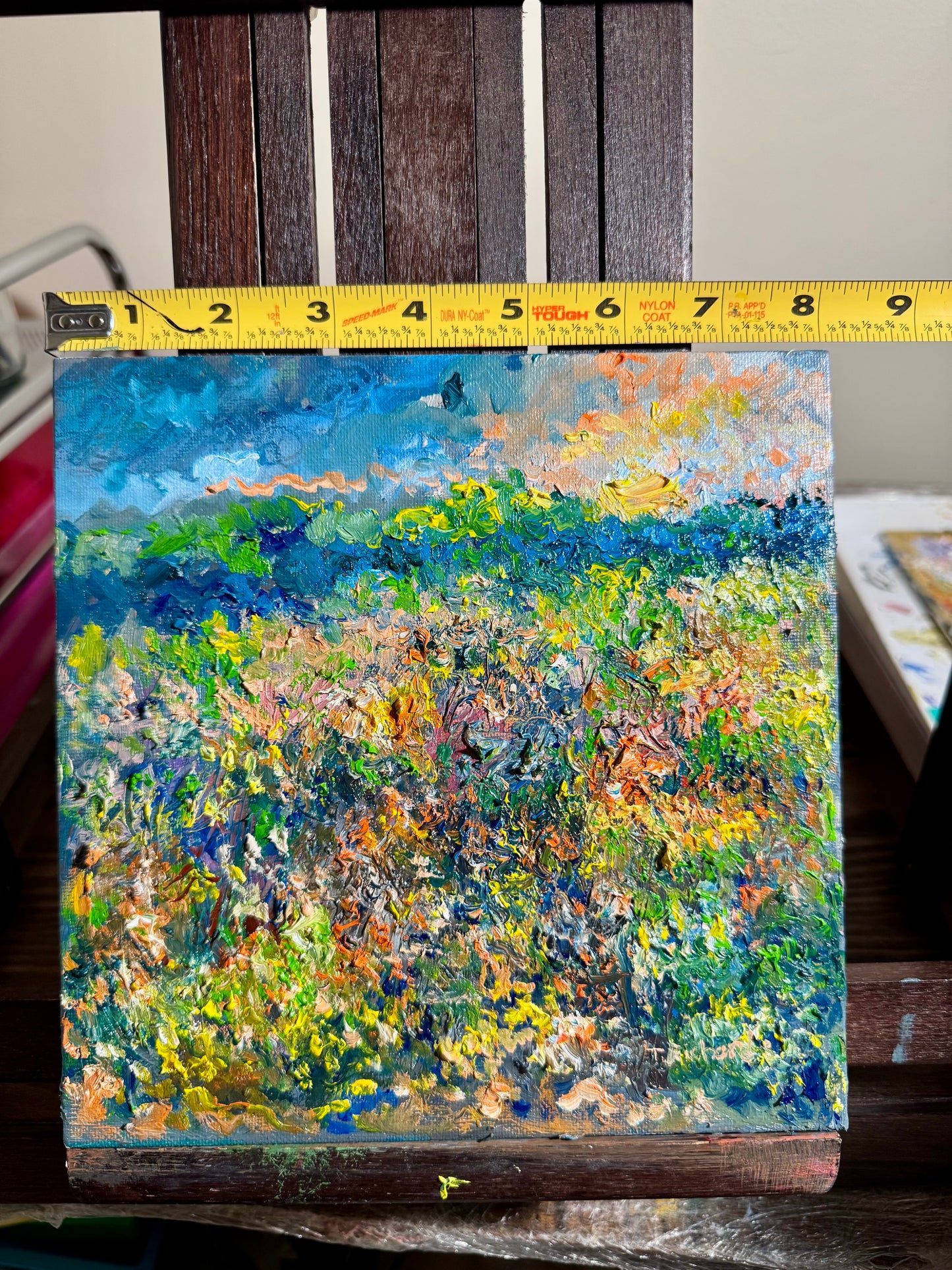 Wildflower Prairie Oil Painting 8x8, Original Art Landscape, Blue Forest Horizon Artwork, Floral Nature Wall Decor