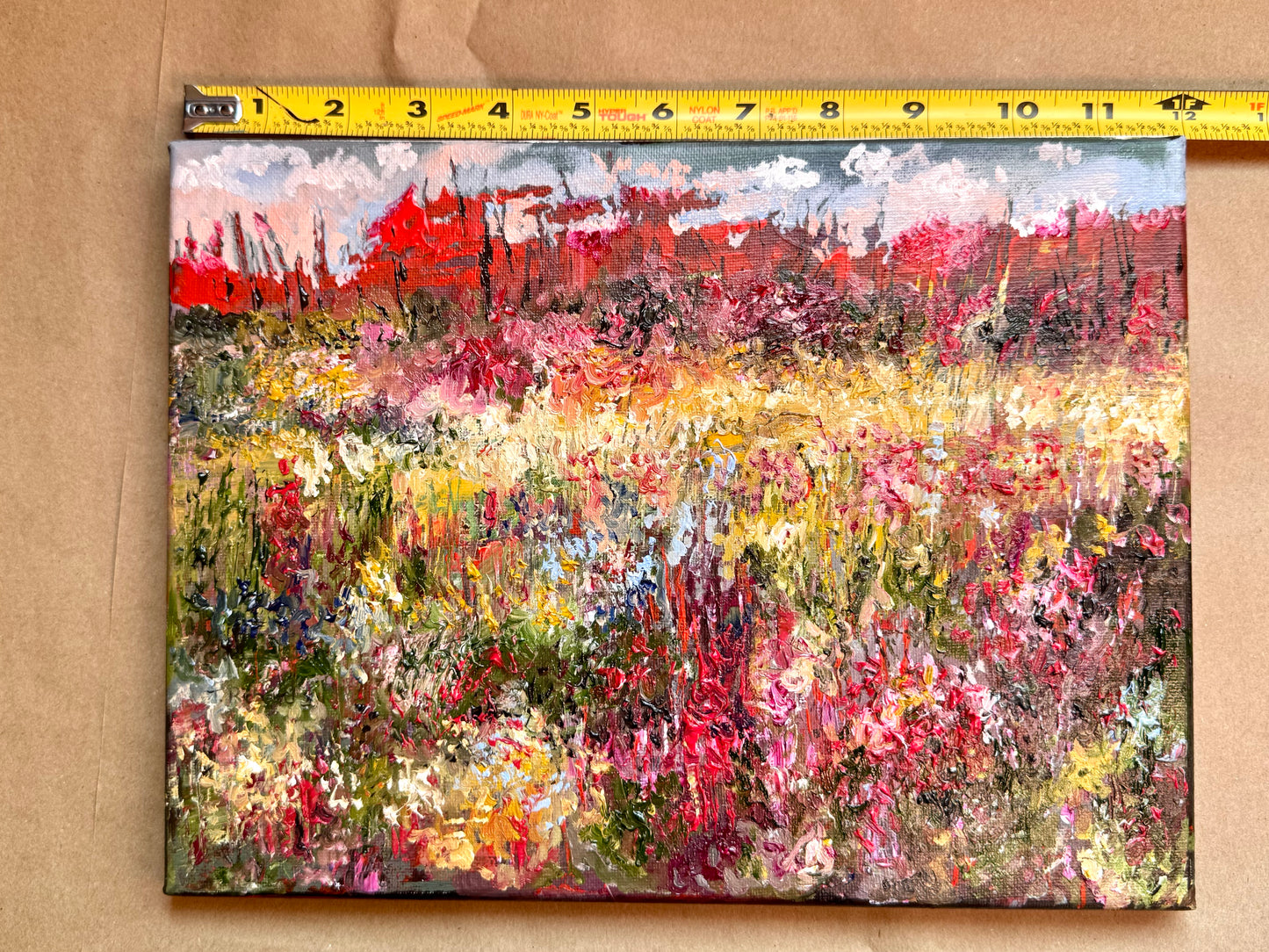 Fall in Maine Oil Painting 9x12", New England Landscape, Red Trees Forest and Wildflower Field, Stretched Canvas Wall Art