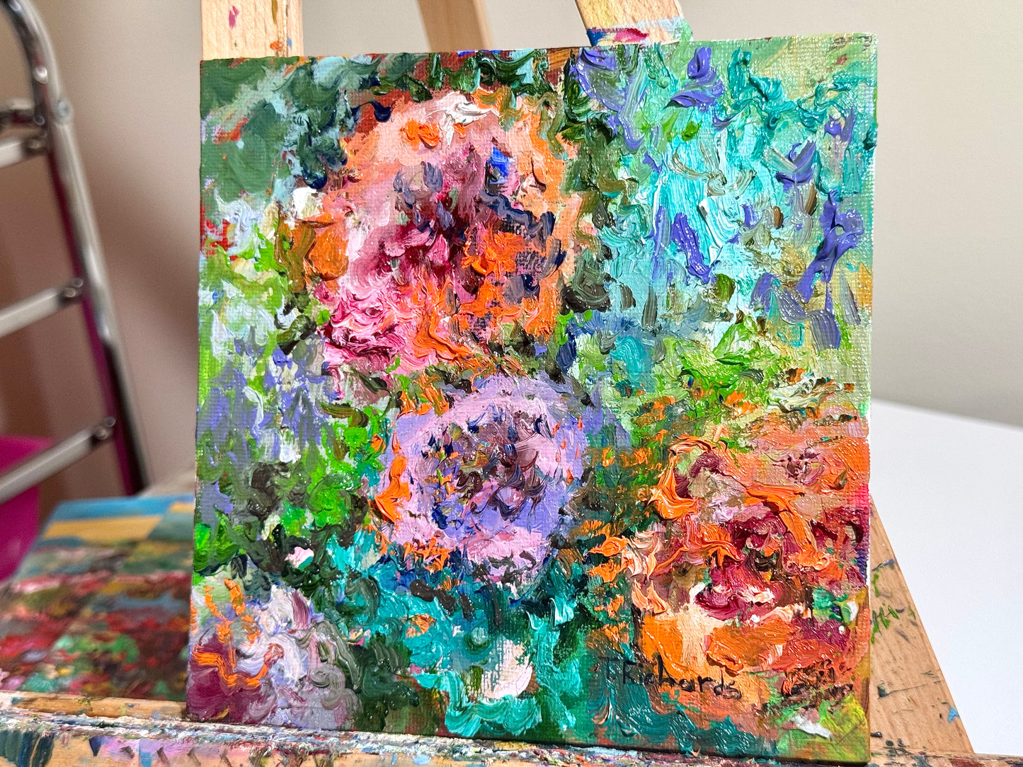 Peony Oil Painting 6x6, Original Floral Wall Art Small Botanical Still Life, Flower Peonies, Oil on Canvas Panel