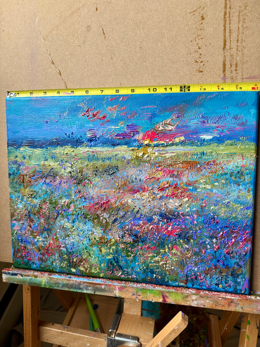 Oil painting ORIGINAL art 12x16” Windflower field Landscape Floral Flowers Blue Sunset Sky