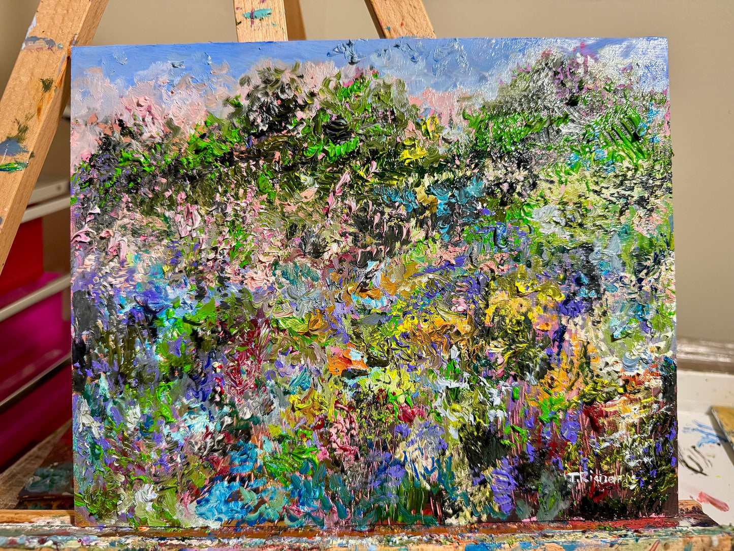 Sunset Forest Oil Painting, Original Art 8x10, Wildflower Field Landscape Flower Wall Art, Abstract Lupine Floral