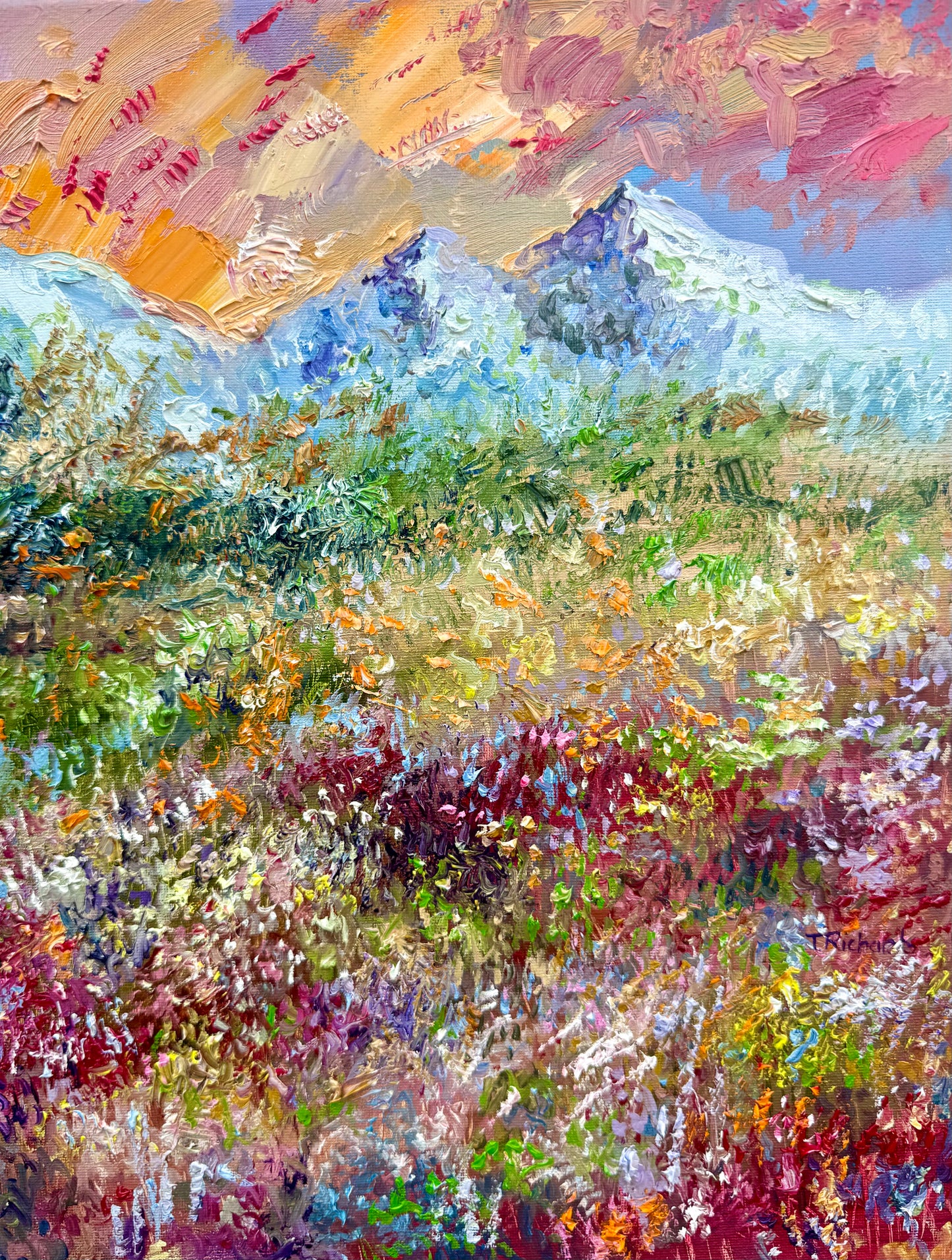 Original Oil Painting 16x20" – Windflower Field Landscape – Floral Meadow Mountain – Nature Wall Art on Canvas