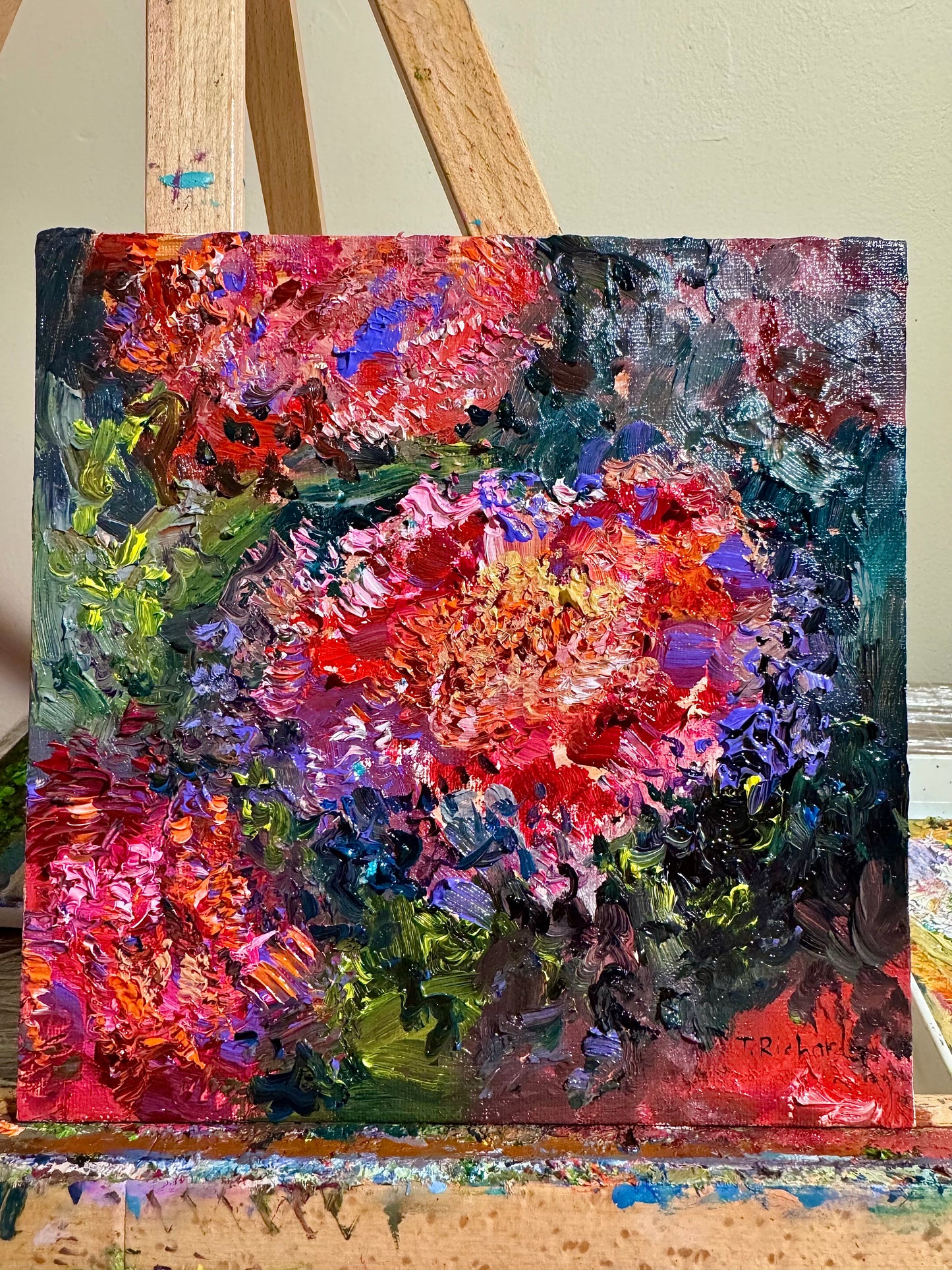 Red Marigolds Original Oil Painting 8x8", Floral Still Life Art, Bold Garden Flowers, Wall Decor Cottagecore Gift for Gardener