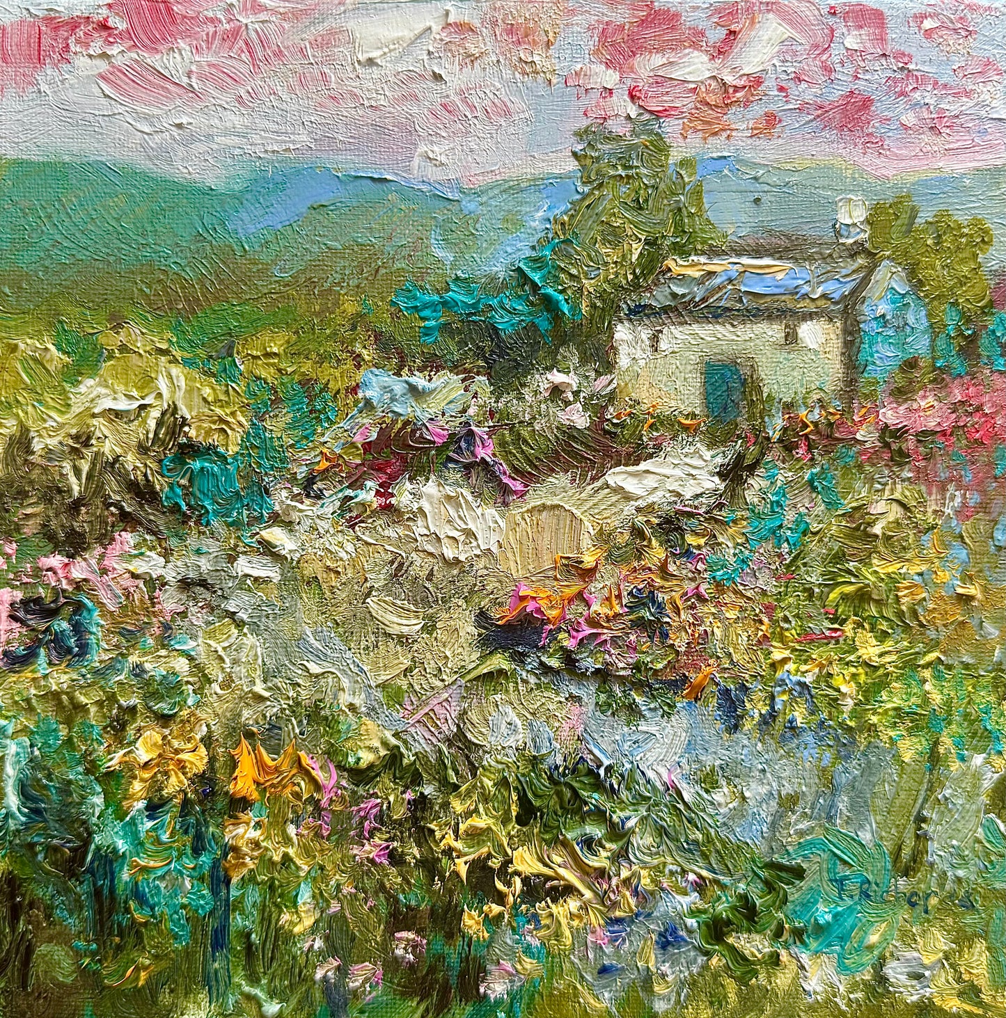 Countryside Farmhouse Oil Painting 8x8, Original Mountain Wildflower Landscape Artwork, Rustic Country Home Wall Art