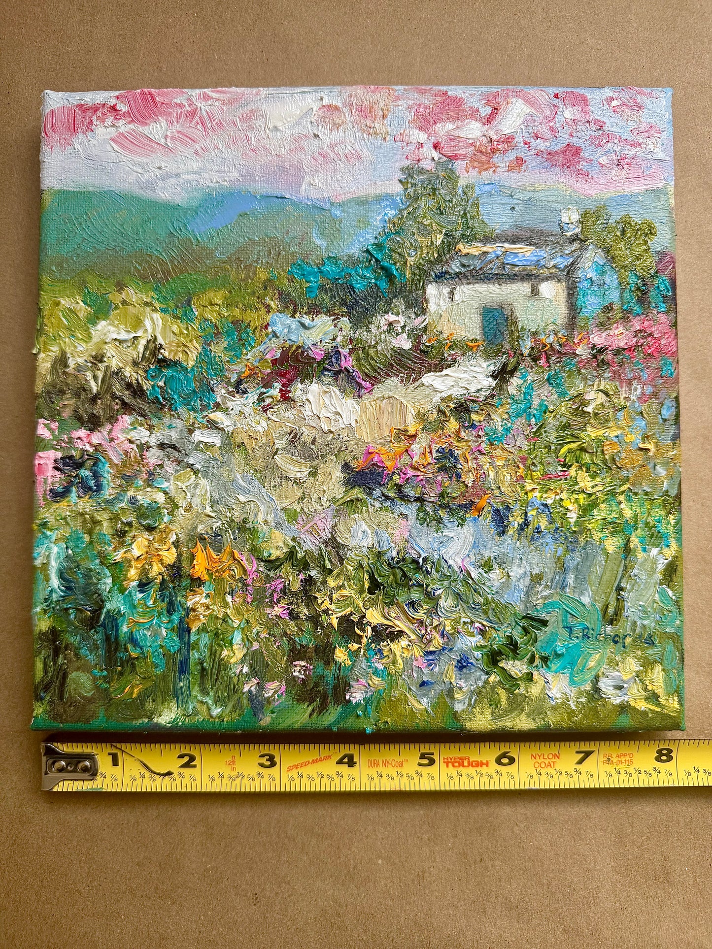 Countryside Farmhouse Oil Painting 8x8, Original Mountain Wildflower Landscape Artwork, Rustic Country Home Wall Art