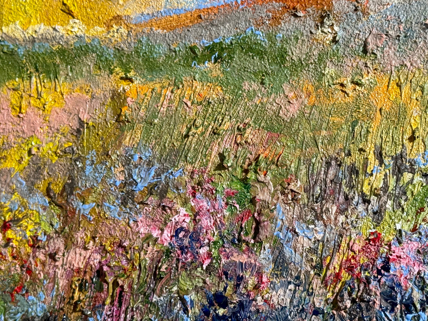 Wildflower Landscape Oil Painting, Sunset Sky 9x12, Abstract Summer Meadow Original Floral Art, Sky Textured Wall Decor