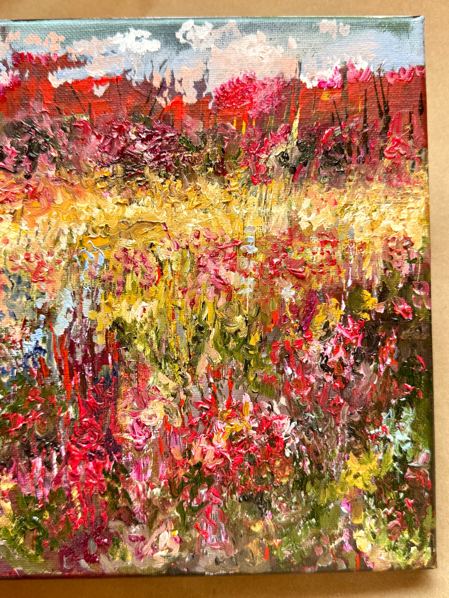 Fall in Maine Oil Painting 9x12", New England Landscape, Red Trees Forest and Wildflower Field, Stretched Canvas Wall Art
