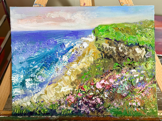 Original Oil Painting 8x10” – California Landscape Ocean Beach – Flower Meadow Field Canvas Panel Wall Art