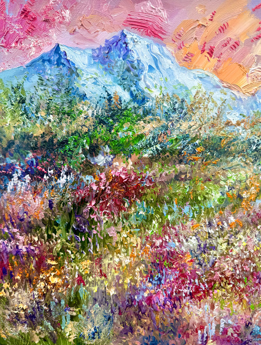 Original Oil Painting 16x20" – Windflower Field Landscape – Floral Meadow Mountain – Nature Wall Art on Canvas