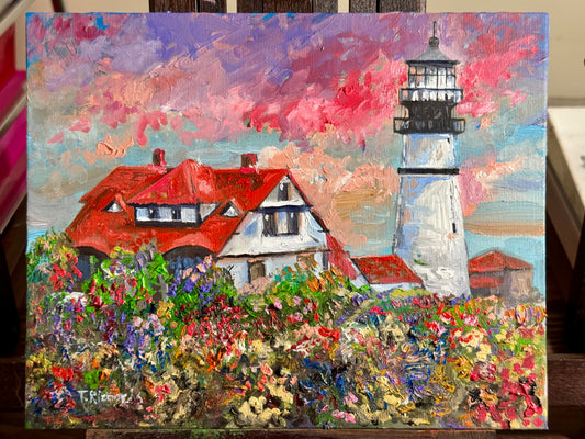 Portland Head Light Oil Painting 8x10, Original Maine Lighthouse Art, Coastal Ocean Landscape, Nautical Wall Decor Seascape Beach Artwork