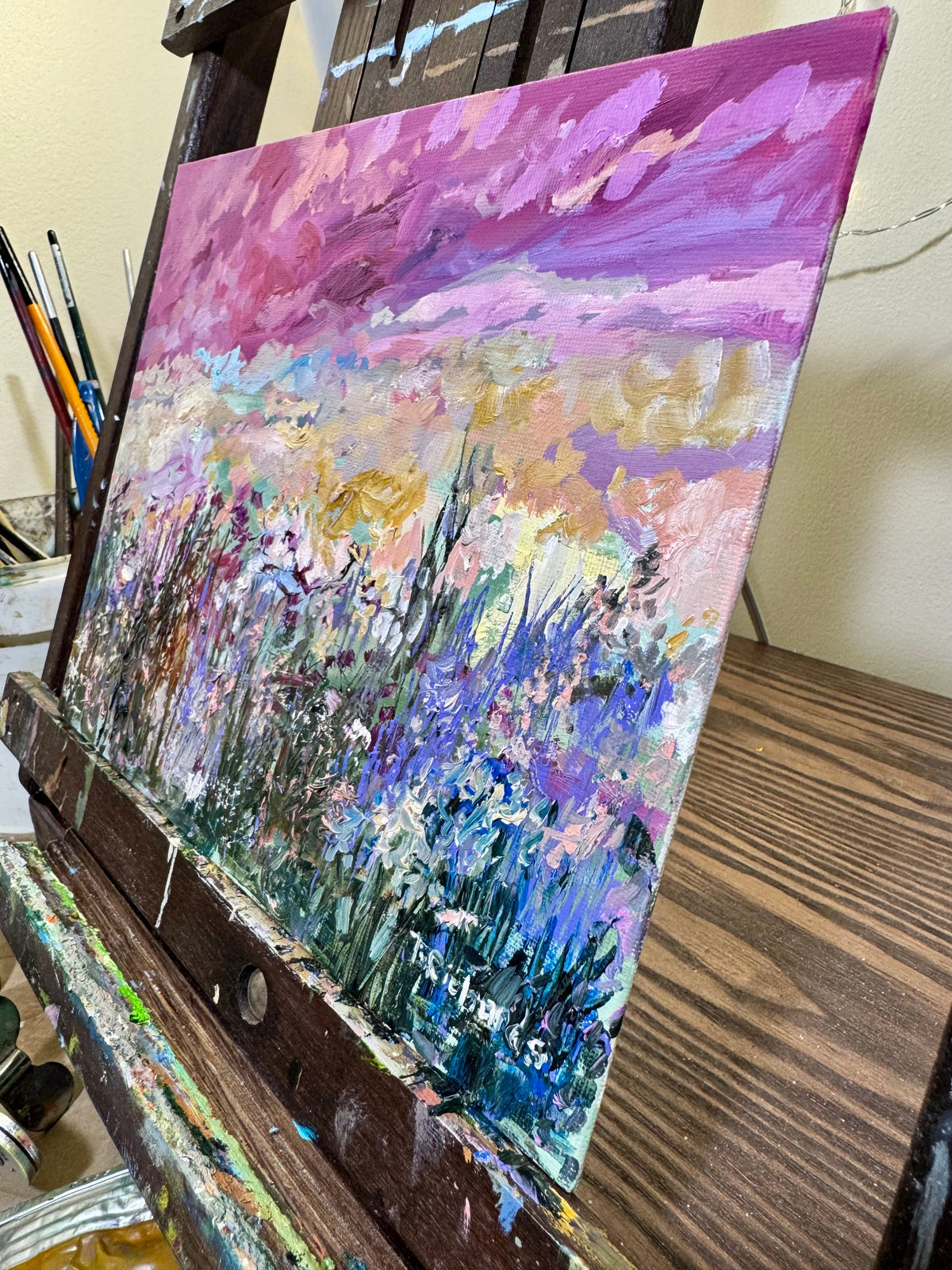 Purple Sunset Wildflower Field, 8x10" Original Art Oil Painting, Landscape Meadow
