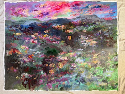 Red Sunset Landscape Acrylic Painting 36x48 Original art, Mountains and Fields, Extra Large Unstretched Canvas, Handmade Wall Art, Nature Scene