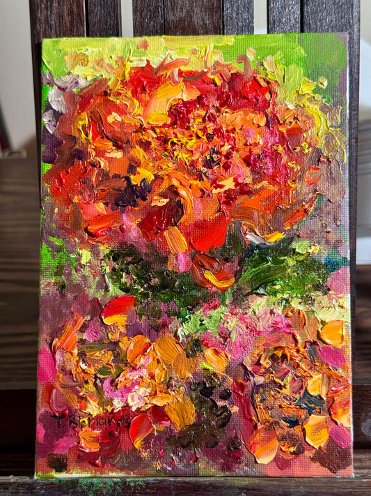 Red Marigolds Oil Painting 5x7, Original Art Floral Still Life on Panel, Red Flower Wall Art, Small Artwork Botanical Oil Decor