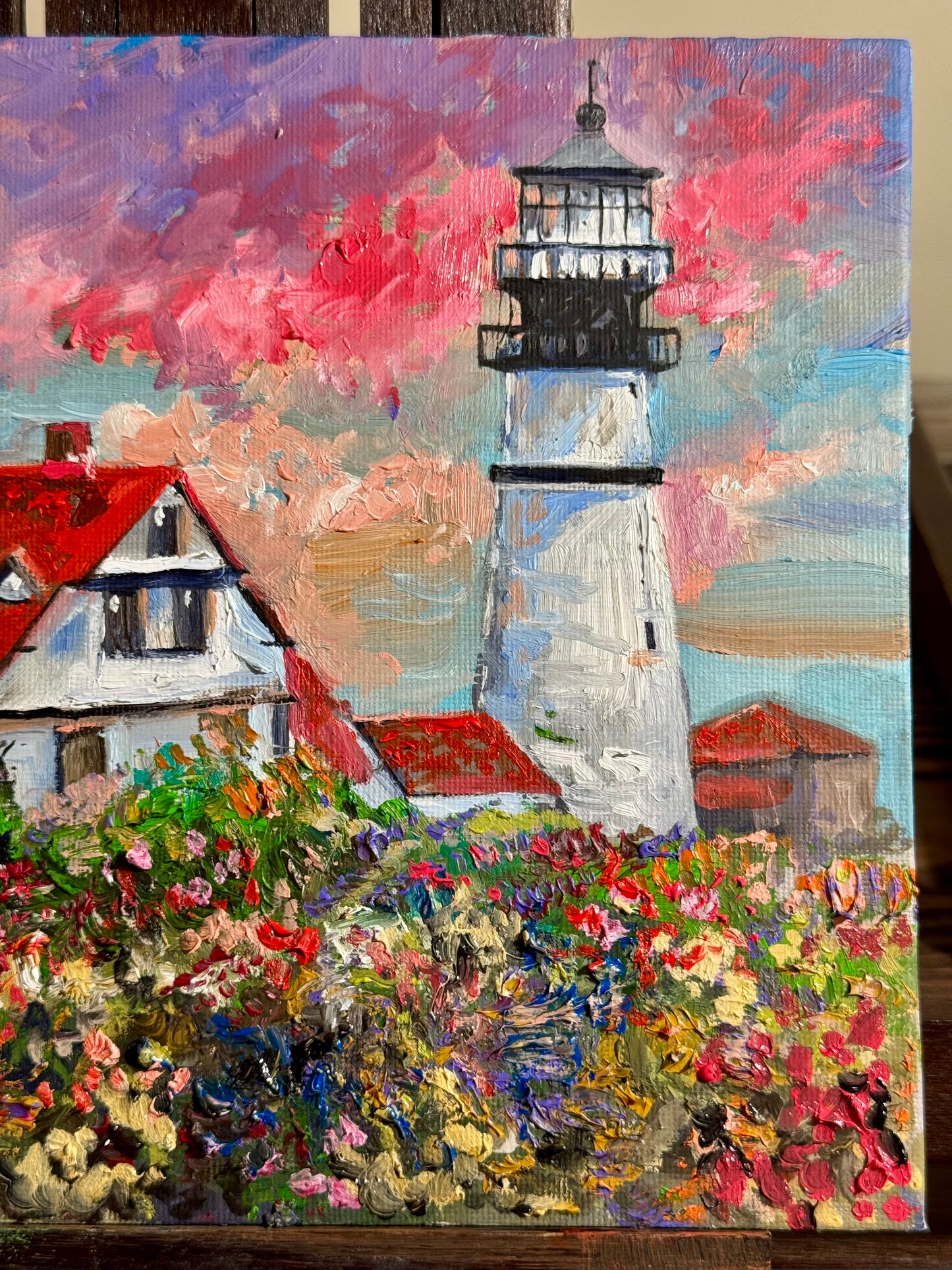 Portland Head Light Oil Painting 8x10, Original Maine Lighthouse Art, Coastal Ocean Landscape, Nautical Wall Decor Seascape Beach Artwork