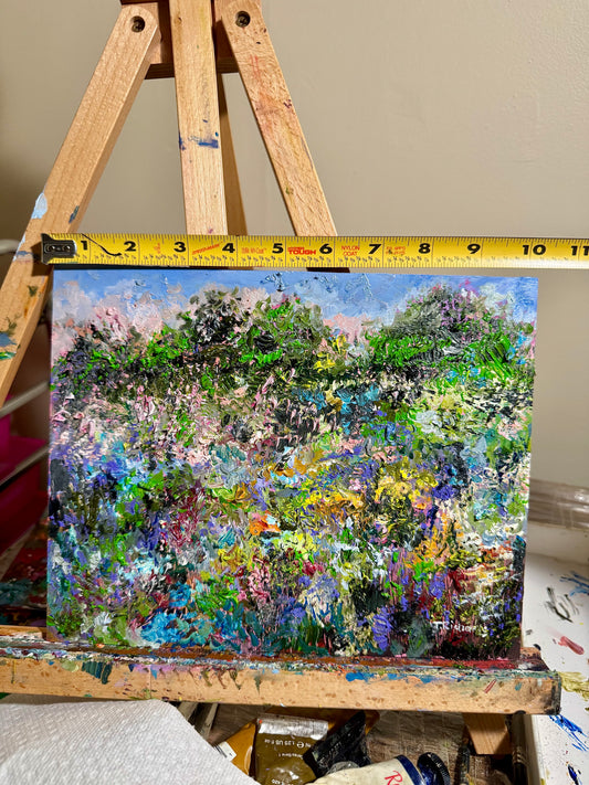 Sunset Forest Oil Painting, Original Art 8x10, Wildflower Field Landscape Flower Wall Art, Abstract Lupine Floral