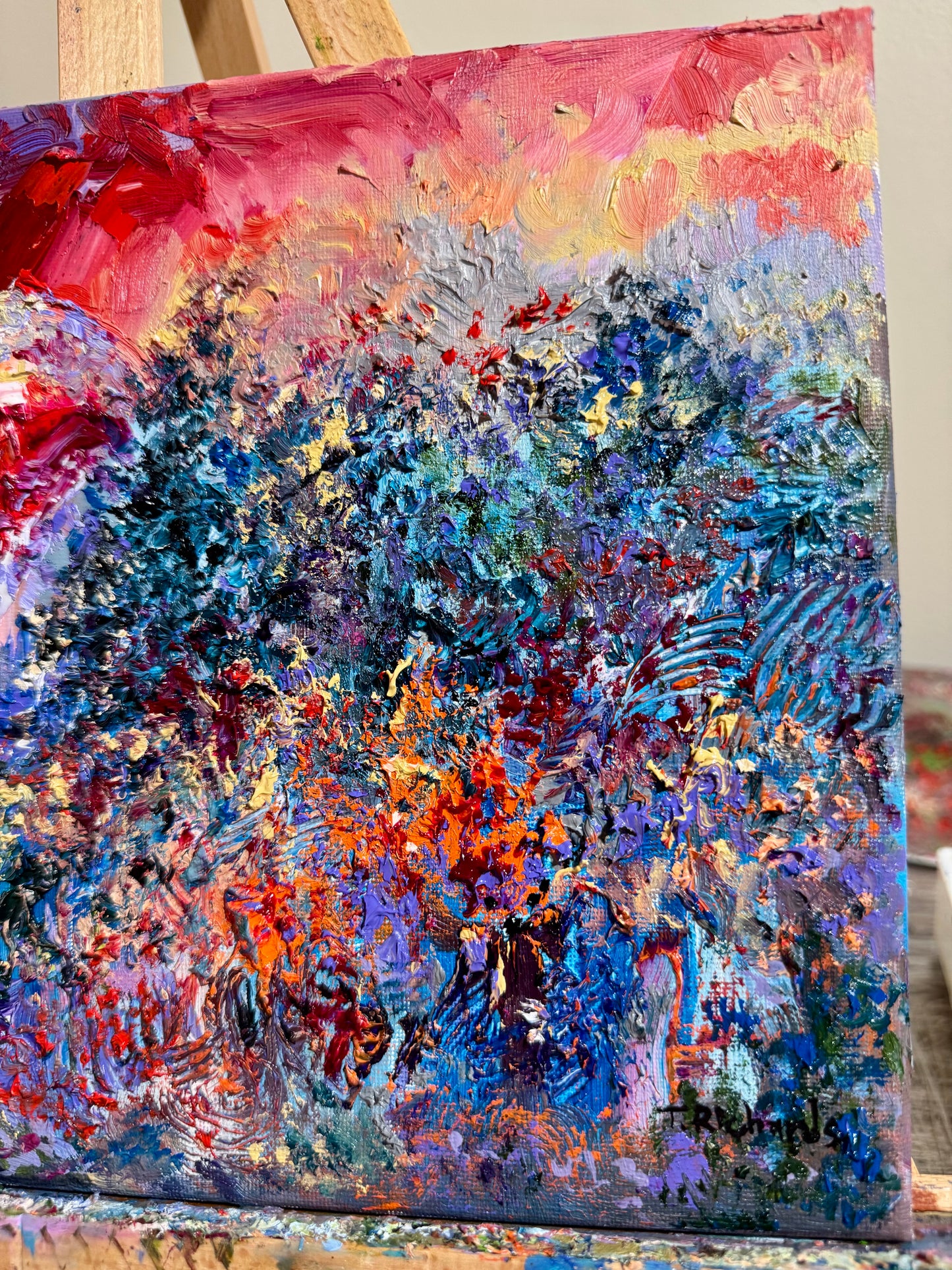 Original Oil Painting 9x12" – Blood Red Moon Gothic Night Forest – Pine Tree Wall Art Witchy Textured Expressionist Nature Artwork