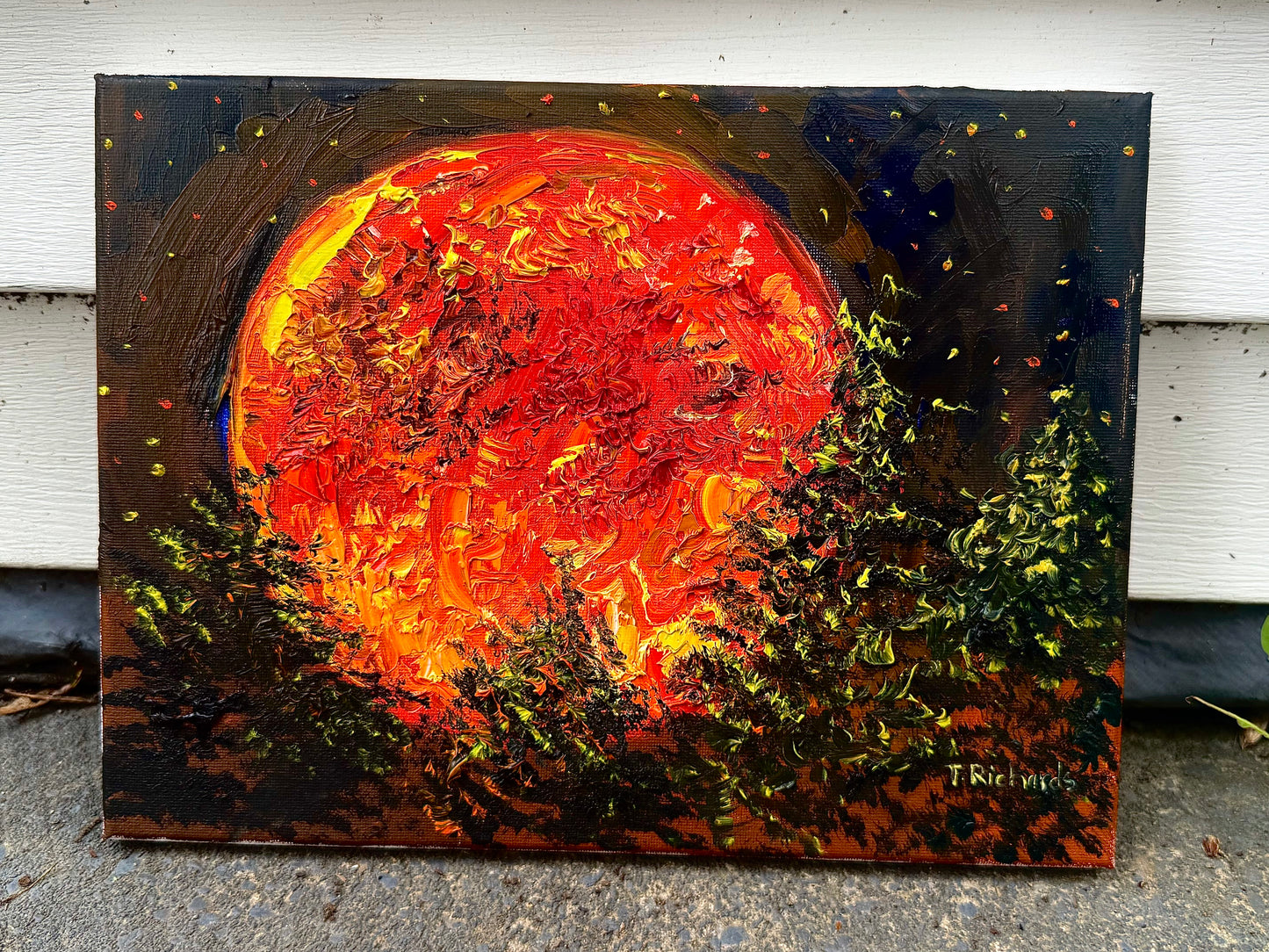 Original Oil Painting 9x12" – Red Moon Night Forest Landscape – Pine Trees Gothic Witchy Wall Art – Textured Dark Nature Artwork