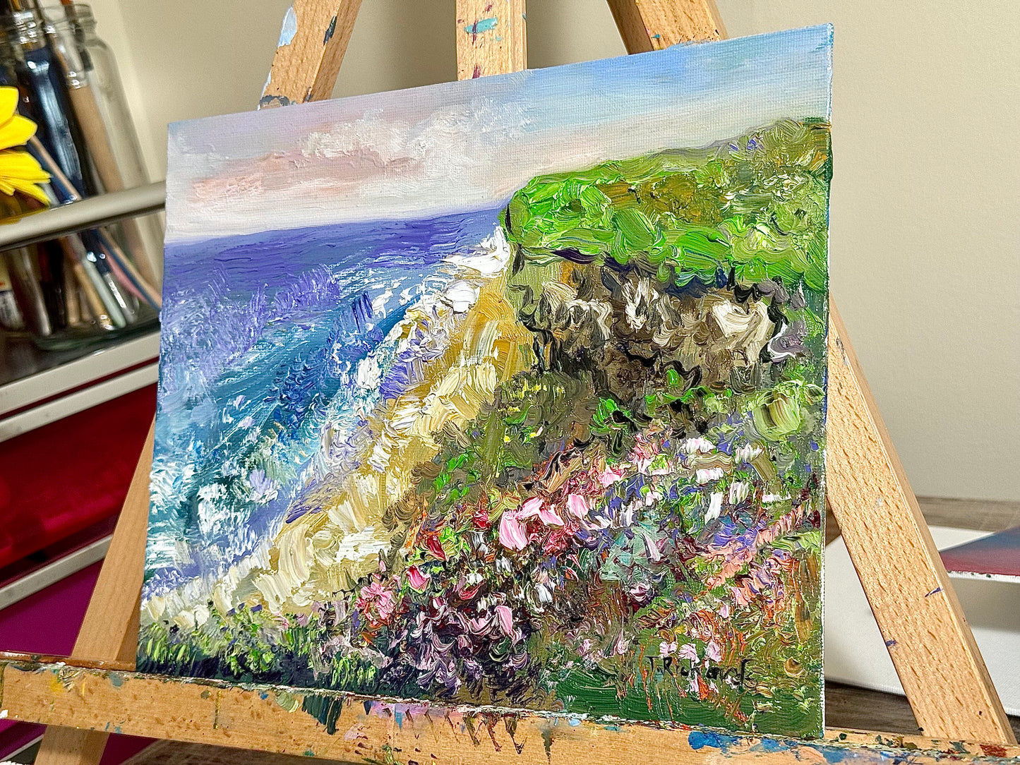 Original Oil Painting 8x10” – California Landscape Ocean Beach – Flower Meadow Field Canvas Panel Wall Art