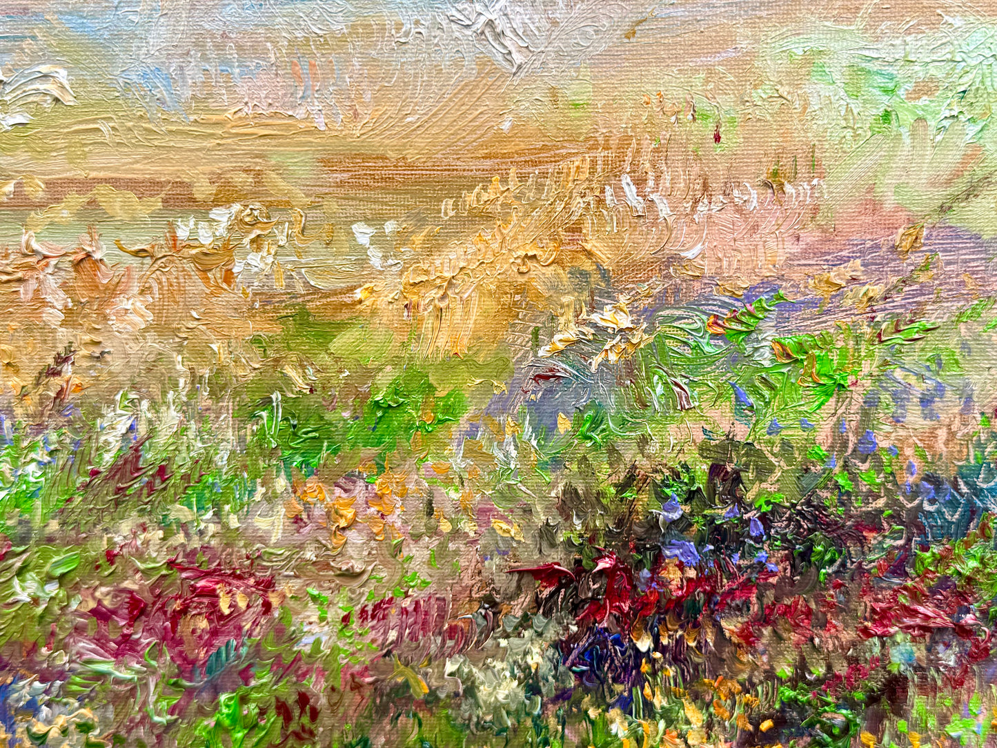 Wildflower Landscape Oil Painting Original Art 15x30” – Meadow Wall Art on Canvas – Earthy Nature Scene