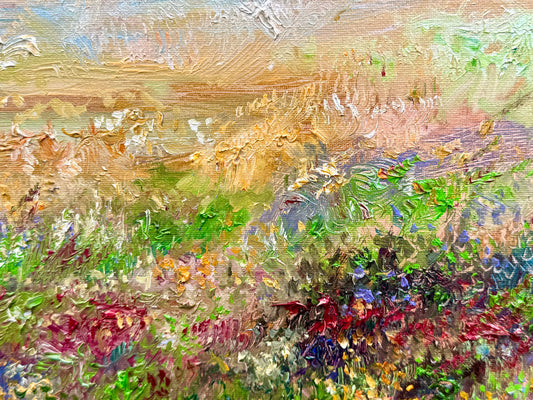 Wildflower Landscape Oil Painting Original Art 15x30” – Meadow Wall Art on Canvas – Earthy Nature Scene