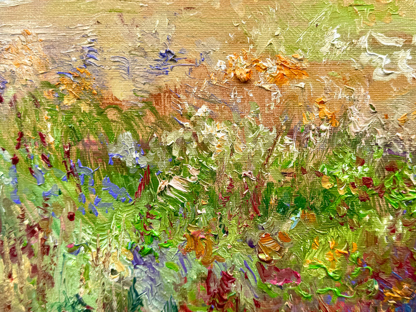 Wildflower Landscape Oil Painting Original Art 15x30” – Meadow Wall Art on Canvas – Earthy Nature Scene