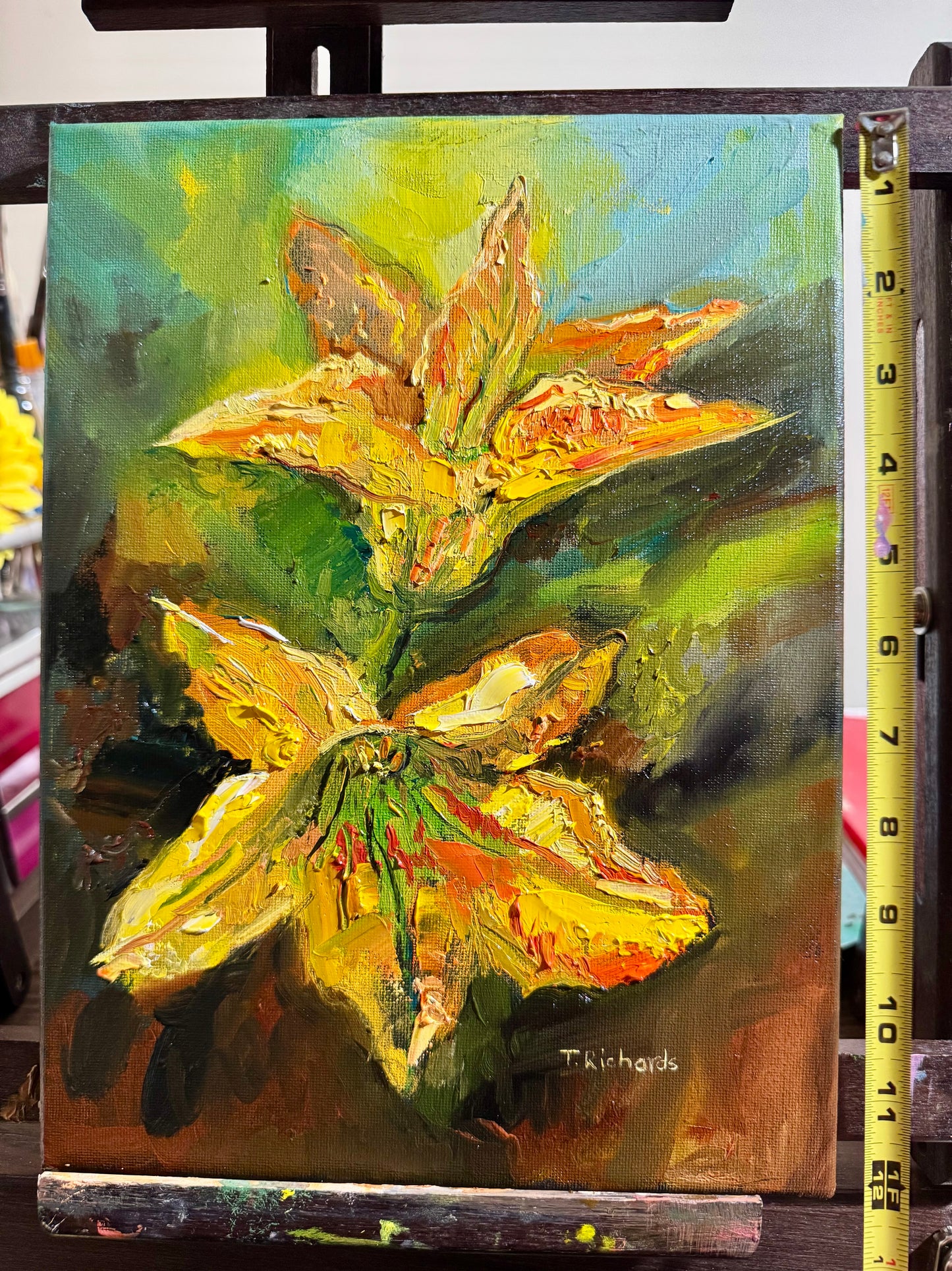 Zucchini Blossoms Oil Painting 9x12, Original Art Garden Still Life, Yellow Squash Flowers, Botanical Artwork on Canvas