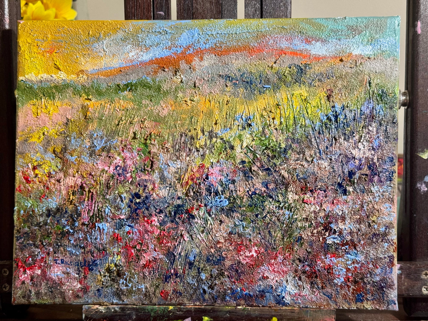 Wildflower Landscape Oil Painting, Sunset Sky 9x12, Abstract Summer Meadow Original Floral Art, Sky Textured Wall Decor