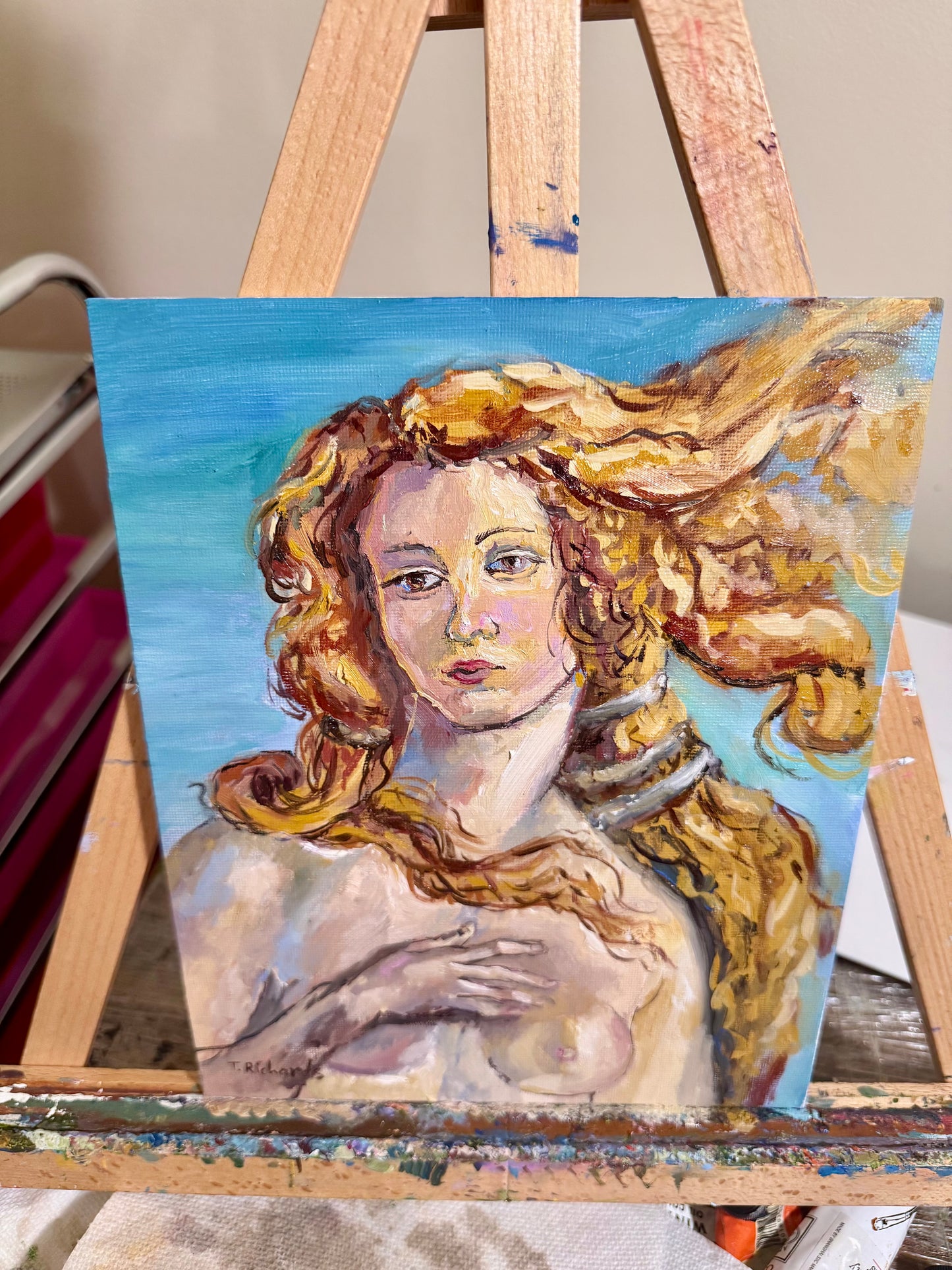 Venus Inspired Portrait Oil Painting, Original Art 8x10, Classical Figurative Wall Art, Blonde Nude Woman Mythical Feminine