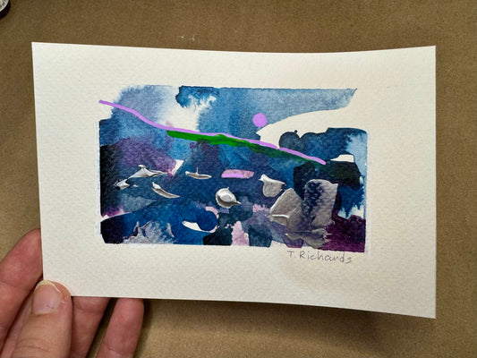 Blue Hour Abstract Painting Original Art Landscape, Acrylic on Paper 4x6”