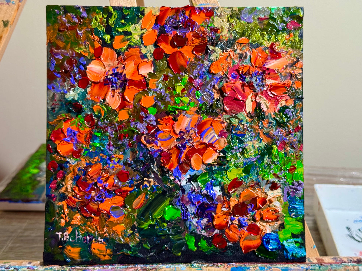 Marigold Oil Painting 8x8, Original Floral Art Panel, Bold Impasto Flowers, Garden Wall Decor, Cottagecore Gardener Gift