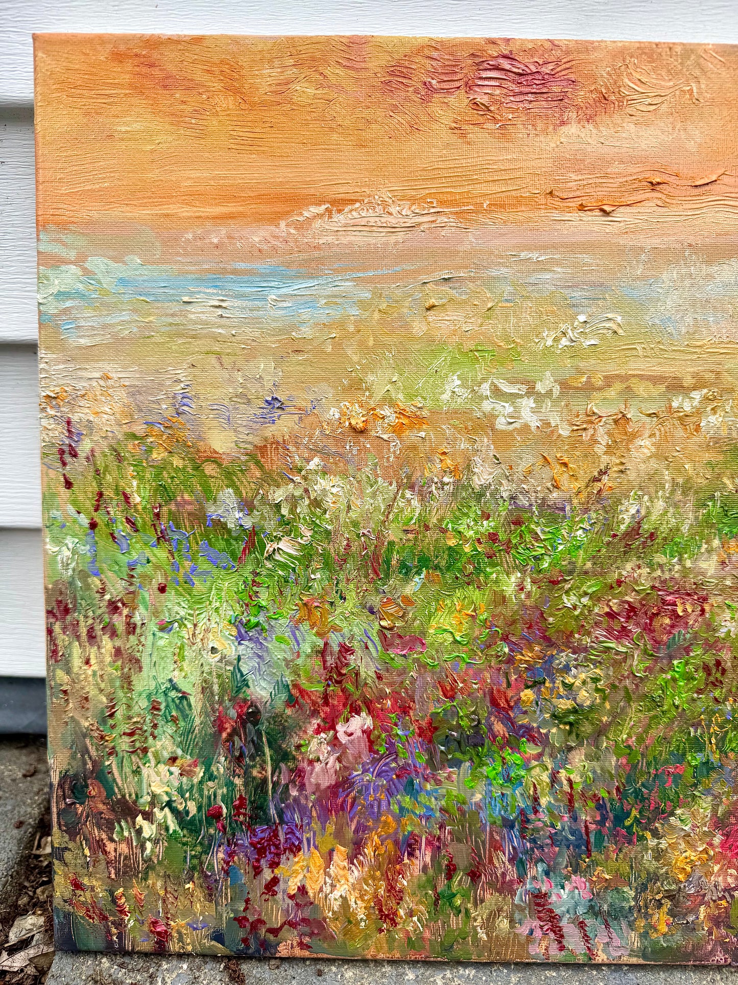 Wildflower Landscape Oil Painting Original Art 15x30” – Meadow Wall Art on Canvas – Earthy Nature Scene