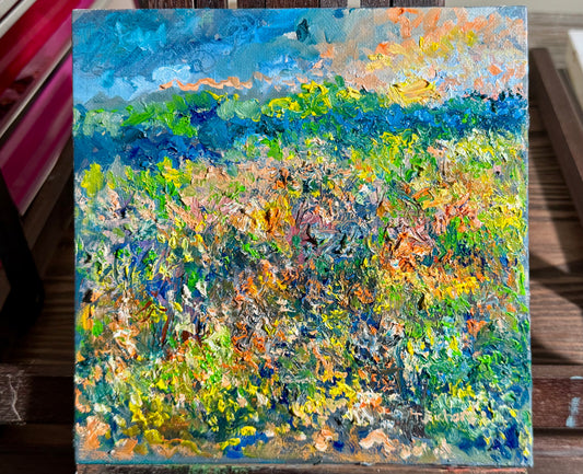 Wildflower Prairie Oil Painting 8x8, Original Art Landscape, Blue Forest Horizon Artwork, Floral Nature Wall Decor