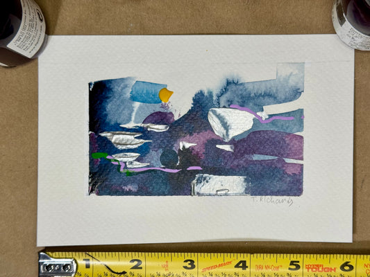 Blue Hour Abstract Painting Original Art Night Landscape, Acrylic on Paper 4x6”