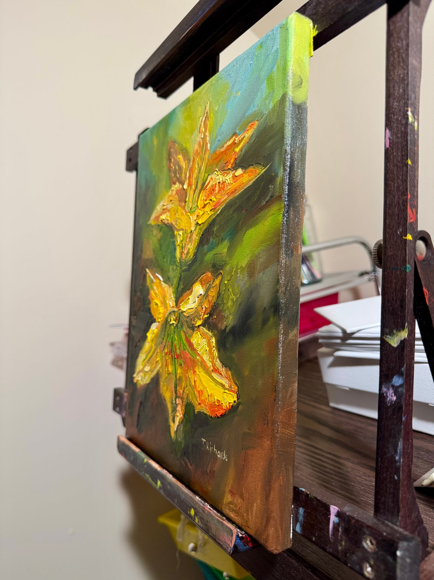Zucchini Blossoms Oil Painting 9x12, Original Art Garden Still Life, Yellow Squash Flowers, Botanical Artwork on Canvas