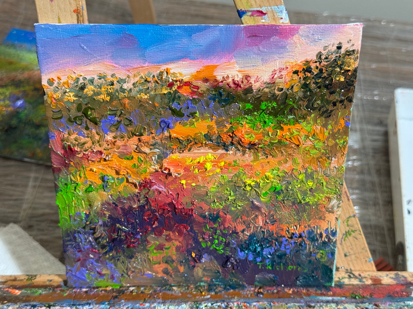 Sunset Forest Oil Painting, Original Art 6x6, Wildflower Field Landscape Panel, Moody Sky Wall Art, Small Nature Gift