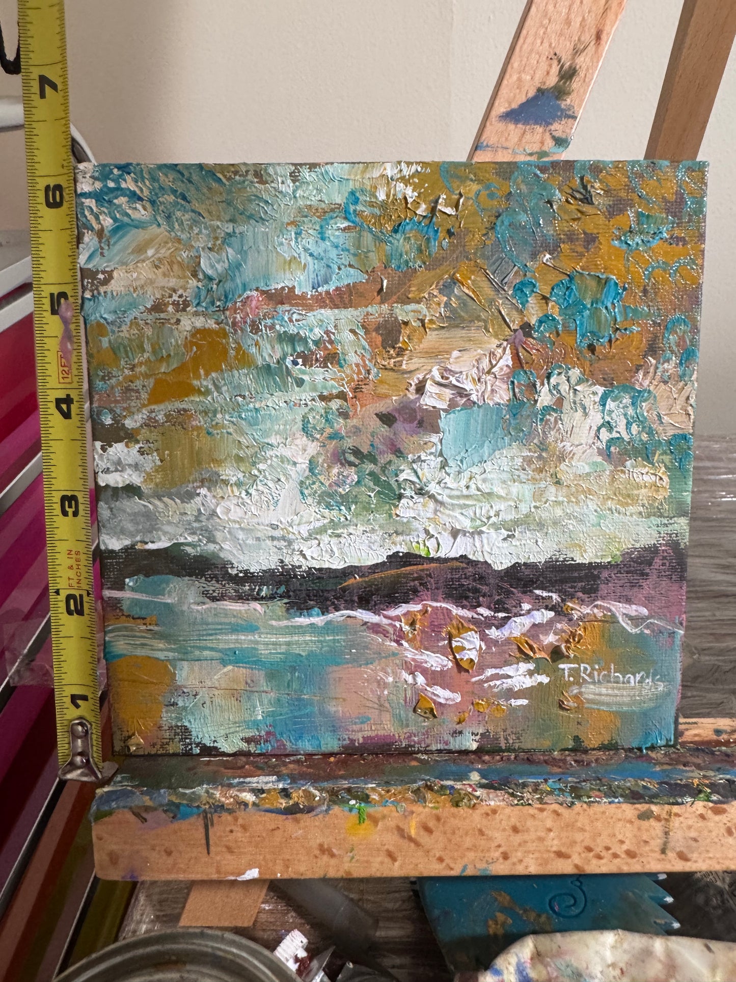 Original Oil Painting 6x6" – Sunrise Ocean Seascape – Ocher and Blue Coastal Art – Small Landscape on Canvas Panel – Sea Wall Decor