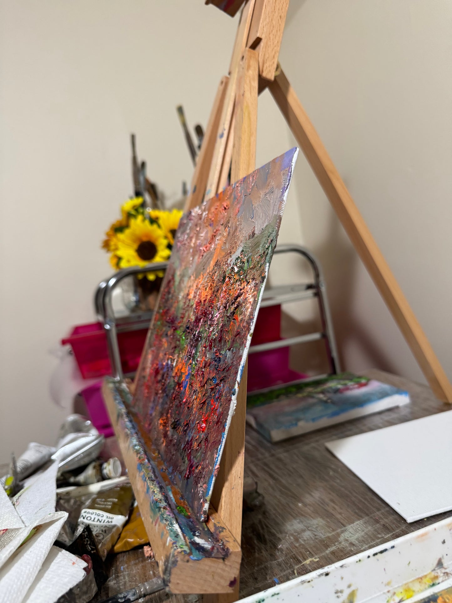 Original Oil Painting 8x10" – Windflower Field Landscape – Brown Meadow Wall Art – Nature Scene Oil on Canvas Panel Abstract Style