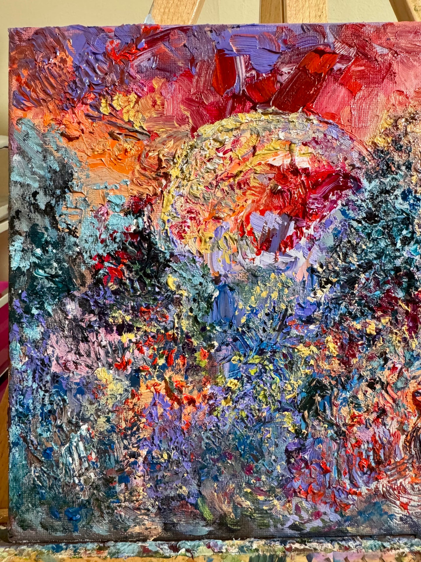 Original Oil Painting 9x12" – Blood Red Moon Gothic Night Forest – Pine Tree Wall Art Witchy Textured Expressionist Nature Artwork
