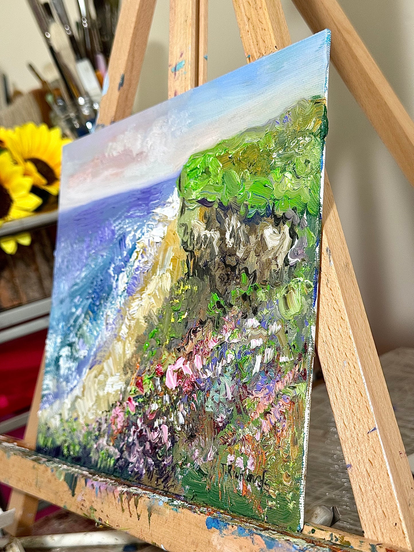 Original Oil Painting 8x10” – California Landscape Ocean Beach – Flower Meadow Field Canvas Panel Wall Art