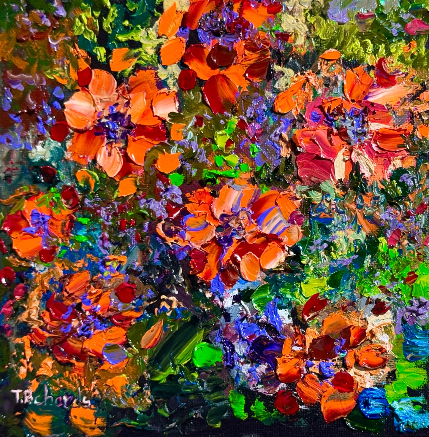 Marigold Oil Painting 8x8, Original Floral Art Panel, Bold Impasto Flowers, Garden Wall Decor, Cottagecore Gardener Gift