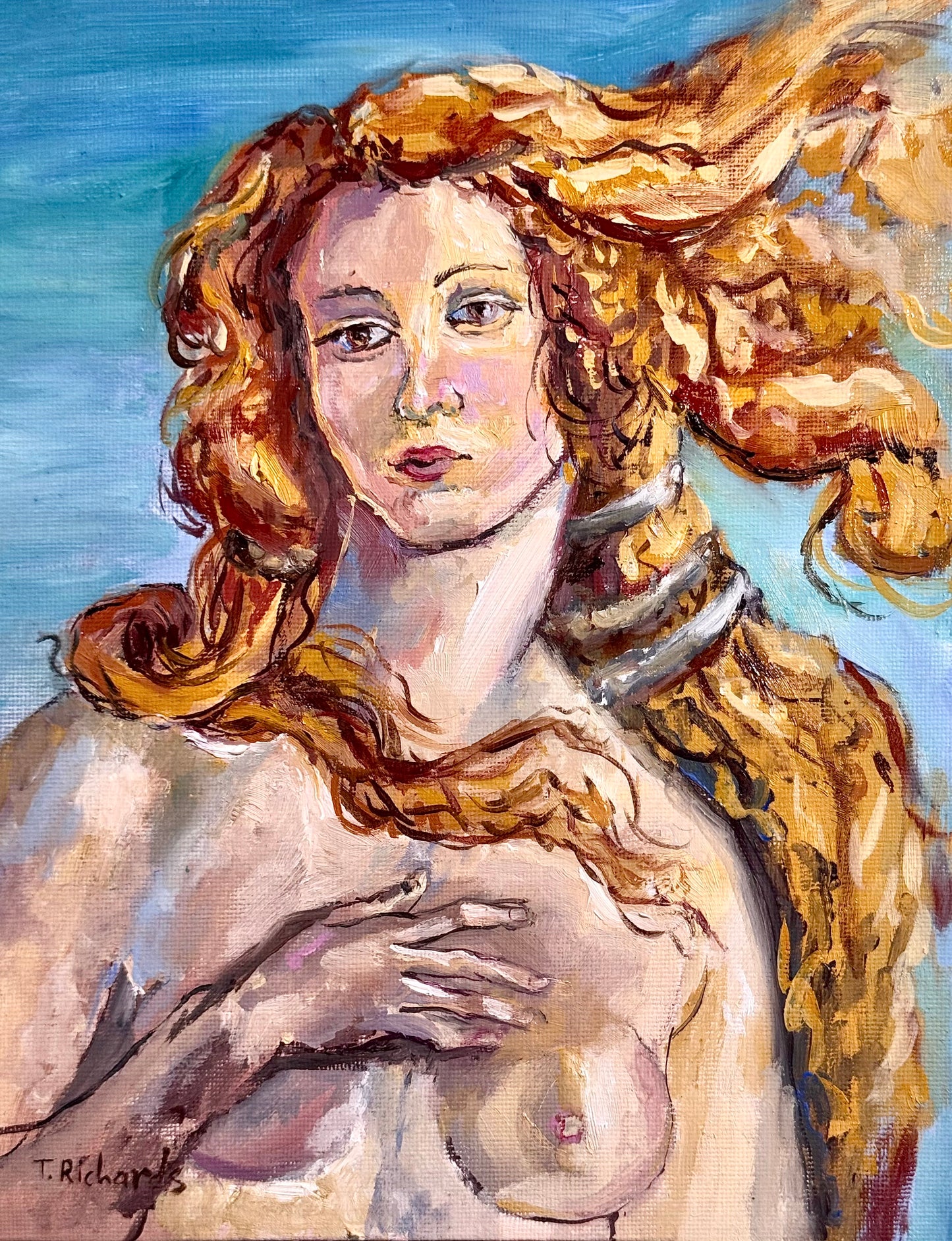 Venus Inspired Portrait Oil Painting, Original Art 8x10, Classical Figurative Wall Art, Blonde Nude Woman Mythical Feminine