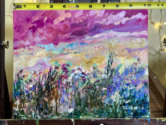 Purple Sunset Wildflower Field, 8x10" Original Art Oil Painting, Landscape Meadow