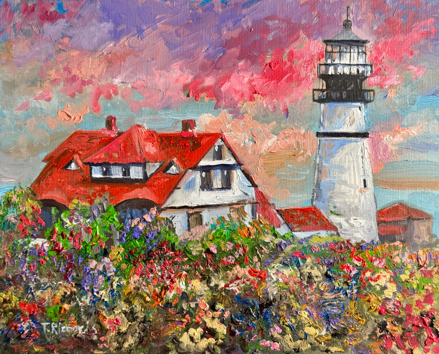 Portland Head Light Oil Painting 8x10, Original Maine Lighthouse Art, Coastal Ocean Landscape, Nautical Wall Decor Seascape Beach Artwork