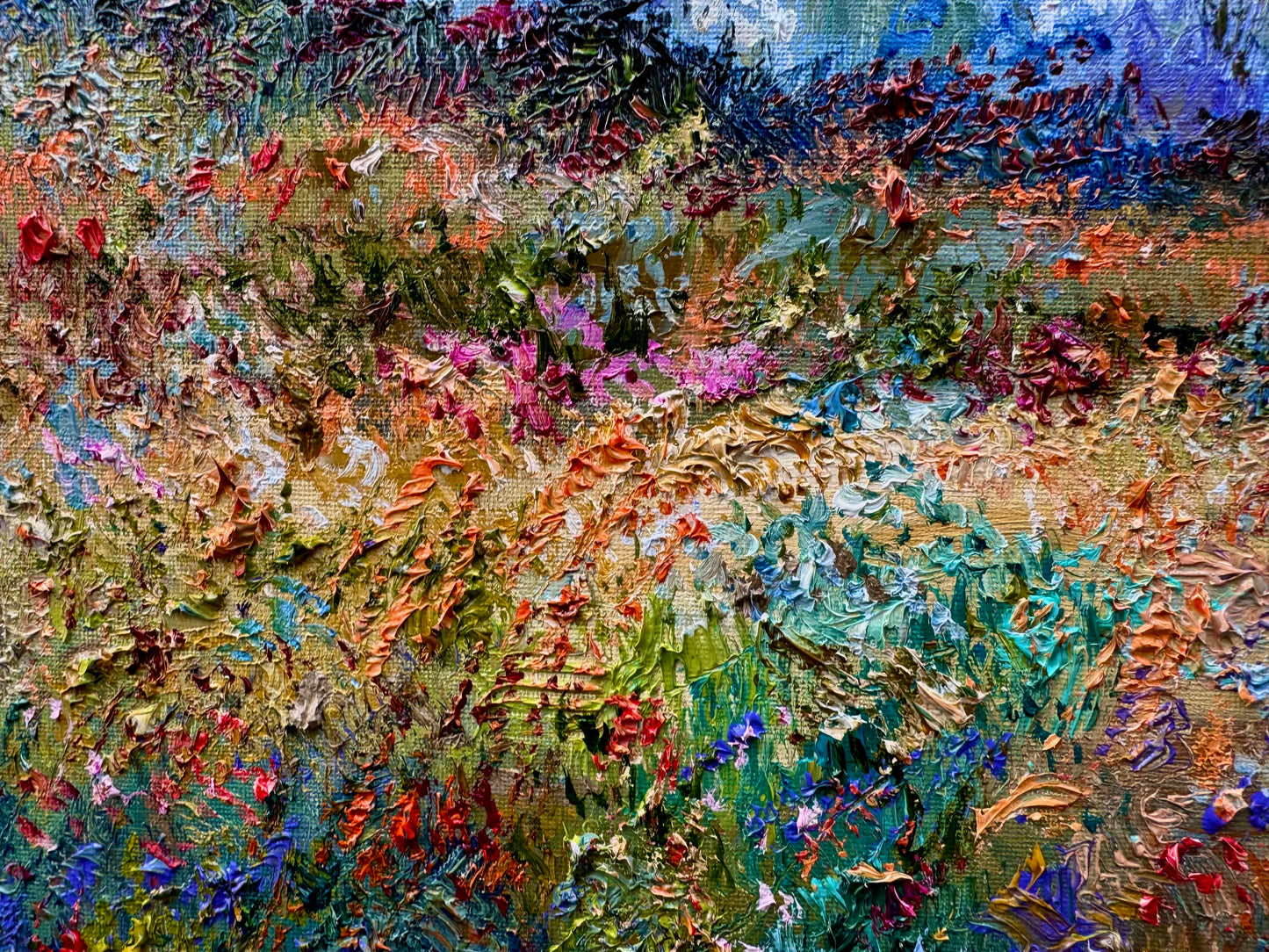 Original Oil Painting 16x20" – Windflower Field Landscape – Mountain Forest and Big Moon – Floral Nature Wall Art on Canvas