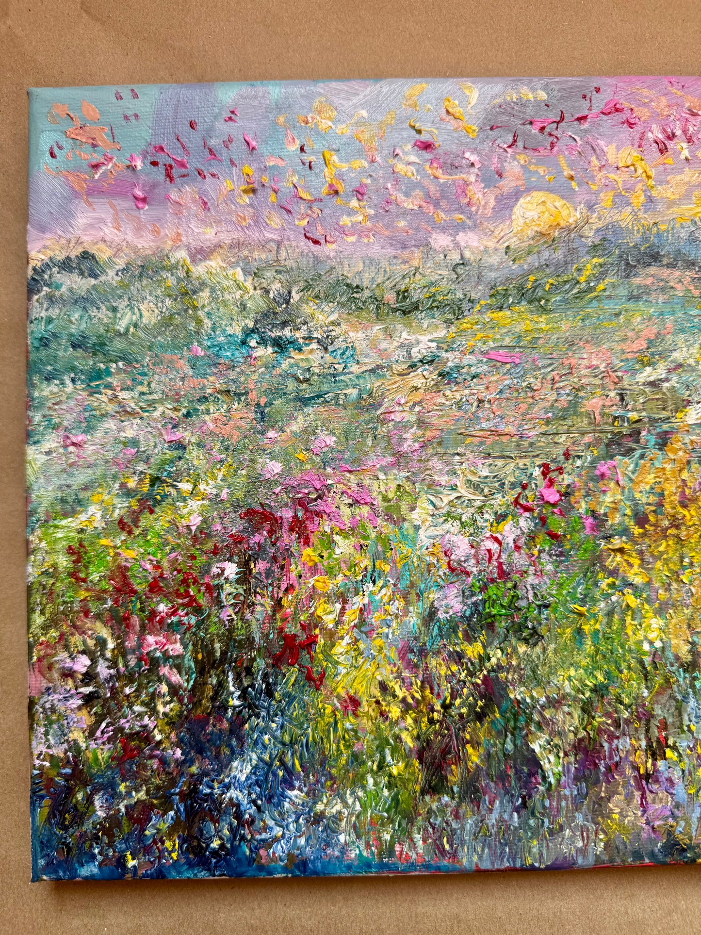 Sunrise Forest, Wildflower Landscape Field Original Art, 9x12 Oil Painting Artwork, Handmade Wall Art Nature Scene
