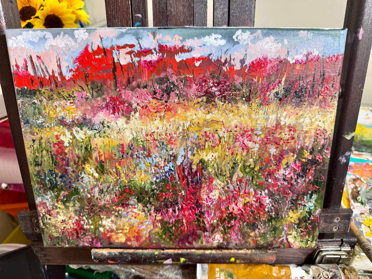 Fall in Maine Oil Painting 9x12", New England Landscape, Red Trees Forest and Wildflower Field, Stretched Canvas Wall Art