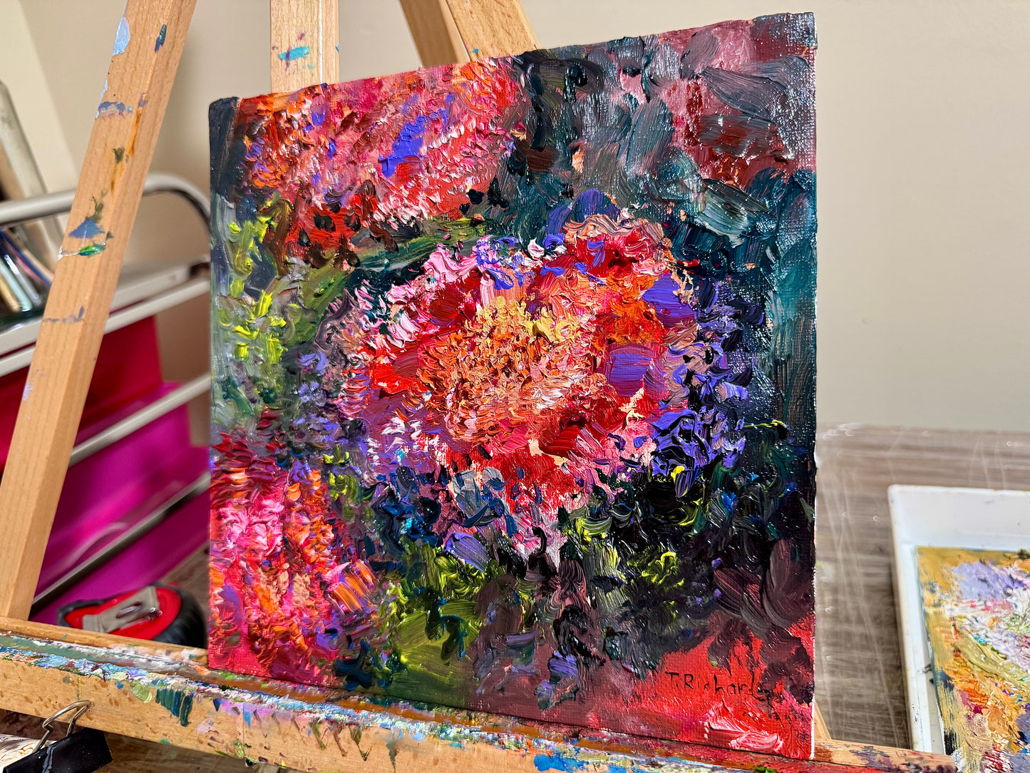 Red Marigolds Original Oil Painting 8x8", Floral Still Life Art, Bold Garden Flowers, Wall Decor Cottagecore Gift for Gardener